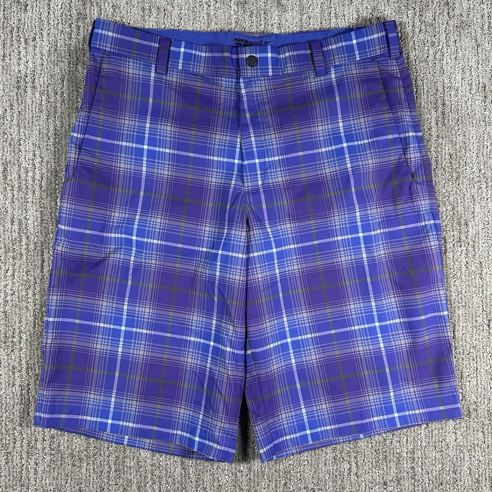 Nike Shorts Mens Golf Dri-Fit Flex 33 Purple Blue Plaid Tour Performance Spandex